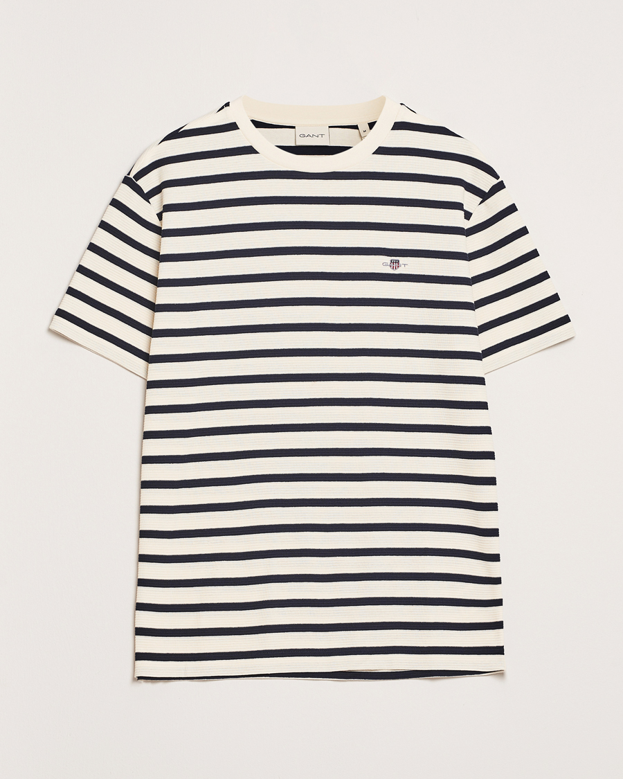 Men | T-Shirts | GANT | Waffle Textured Striped T-Shirt Cream