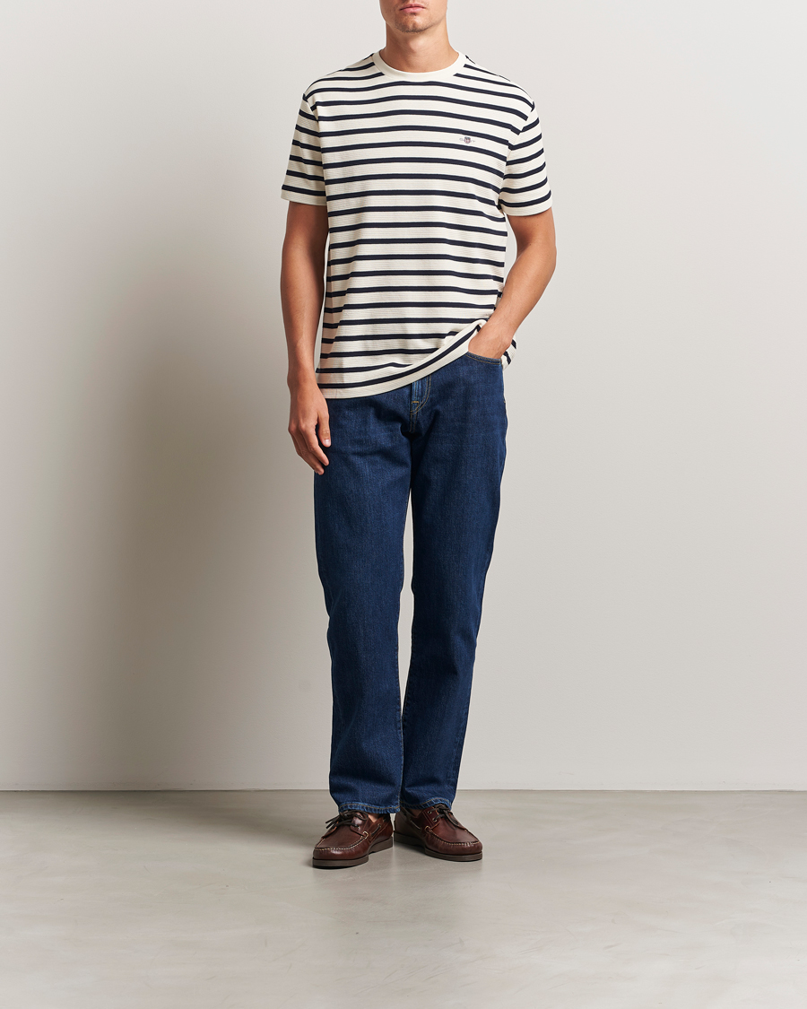 Men | T-Shirts | GANT | Waffle Textured Striped T-Shirt Cream
