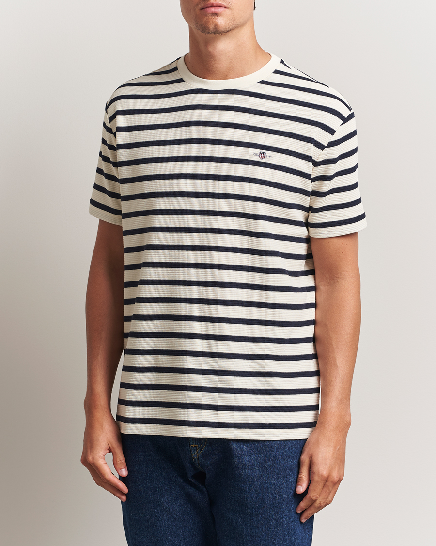 Men | T-Shirts | GANT | Waffle Textured Striped T-Shirt Cream