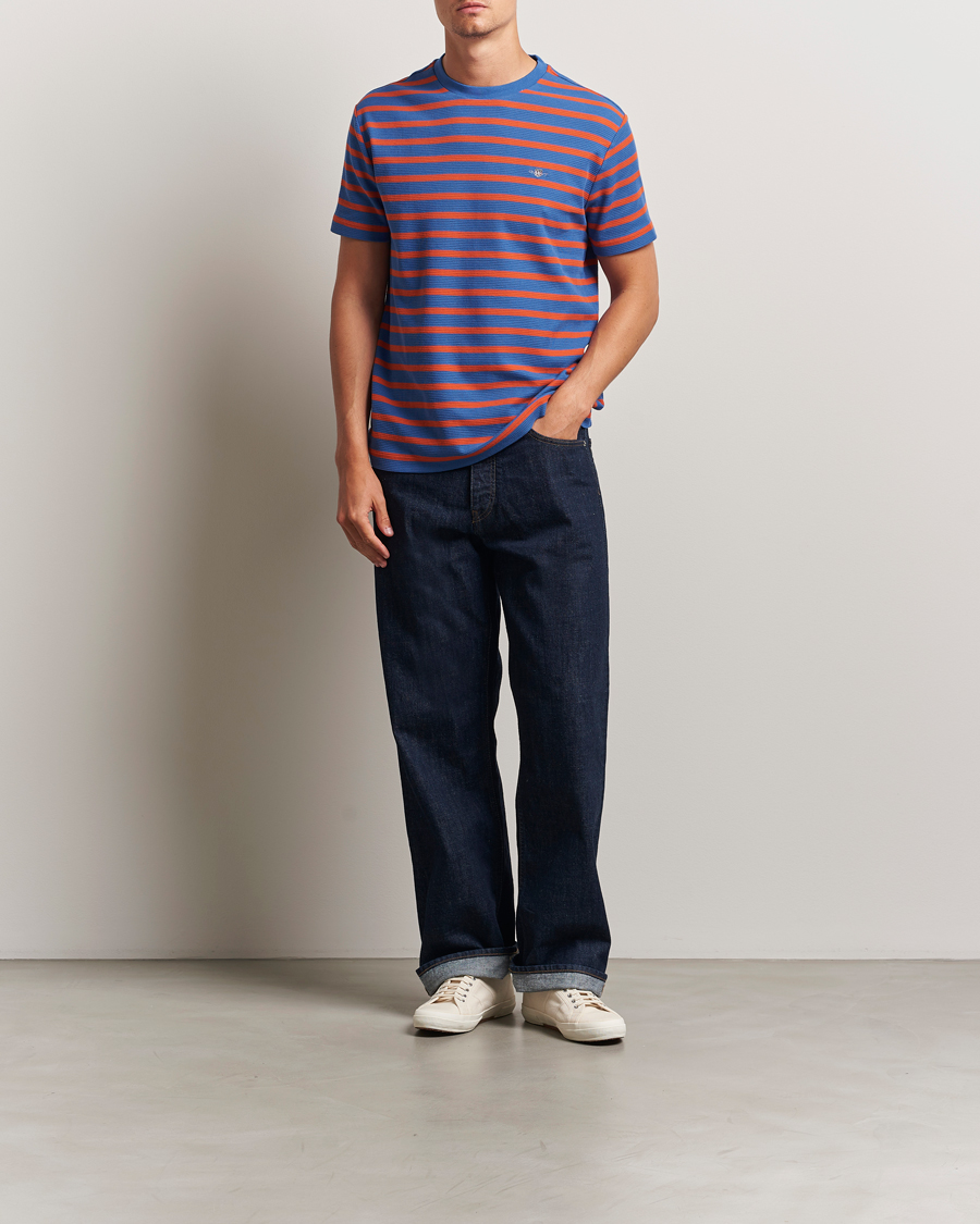Men | T-Shirts | GANT | Waffle Textured Striped T-Shirt Rich Blue