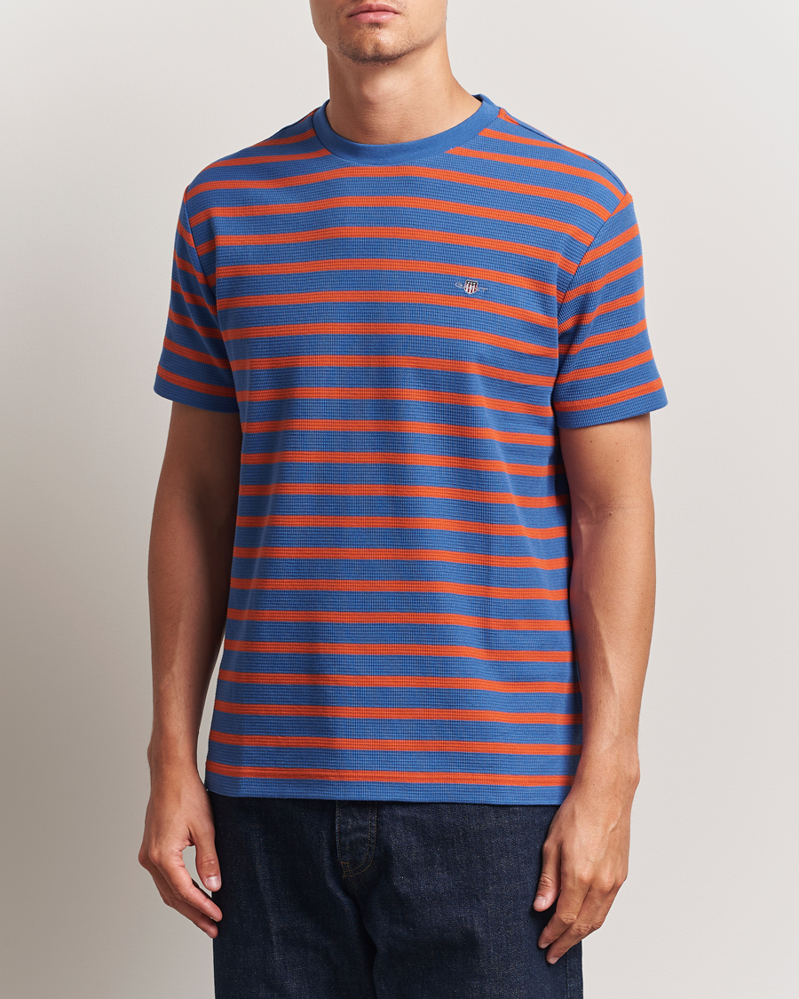 Men | T-Shirts | GANT | Waffle Textured Striped T-Shirt Rich Blue