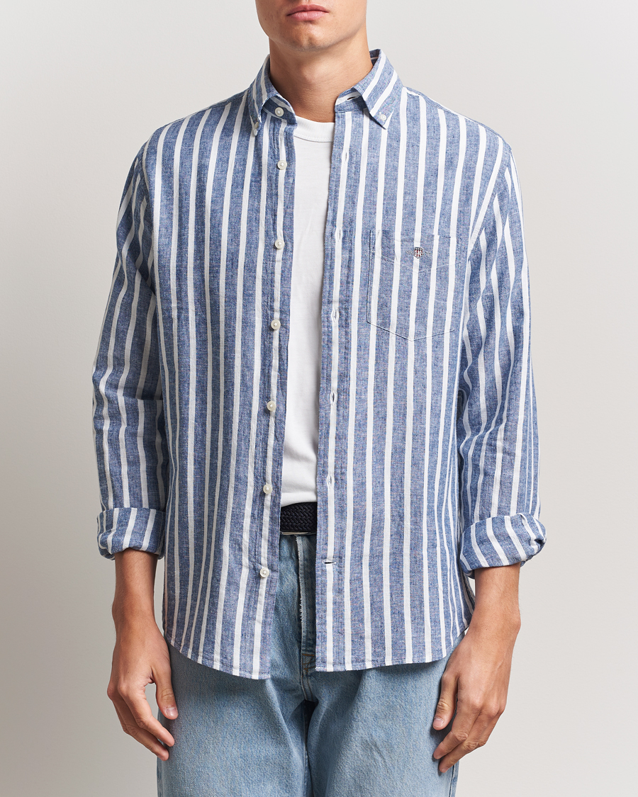 Men | Shirts | GANT | Regular Fit Cotton/Linen Striped Shirt Rich Blue