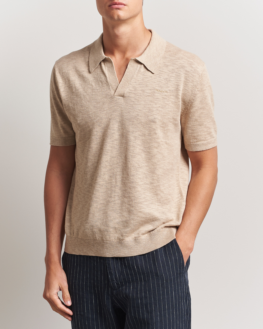 Men | Polo Shirts | GANT | Linen/Cotton Open Collar Polo Dry Sand