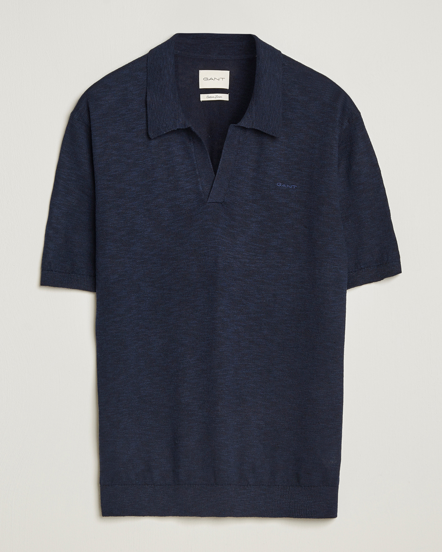 Men | Polo Shirts | GANT | Linen/Cotton Open Collar Polo Evening Blue