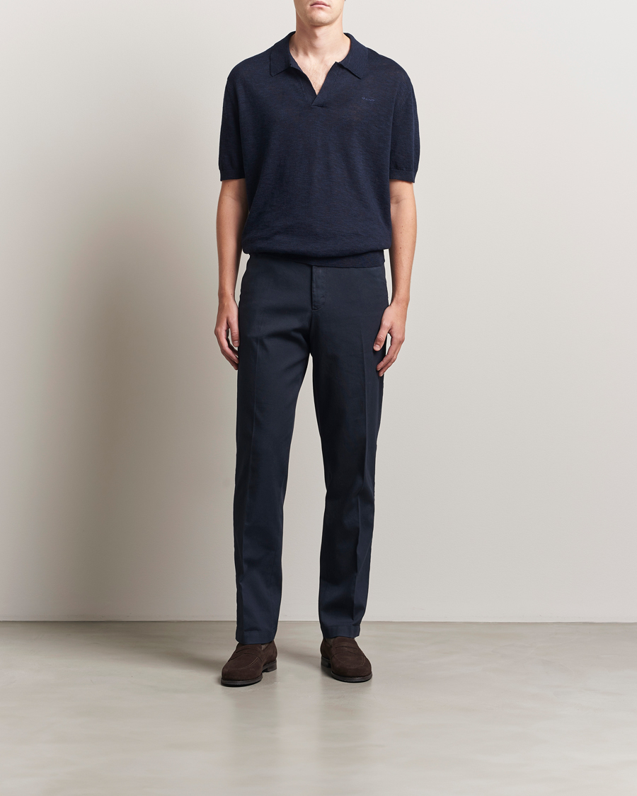 Men | Polo Shirts | GANT | Linen/Cotton Open Collar Polo Evening Blue
