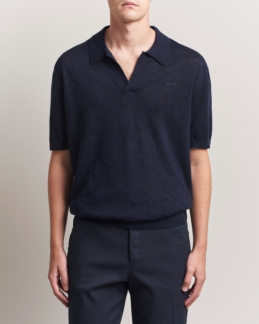 Men | Polo Shirts | GANT | Linen/Cotton Open Collar Polo Evening Blue