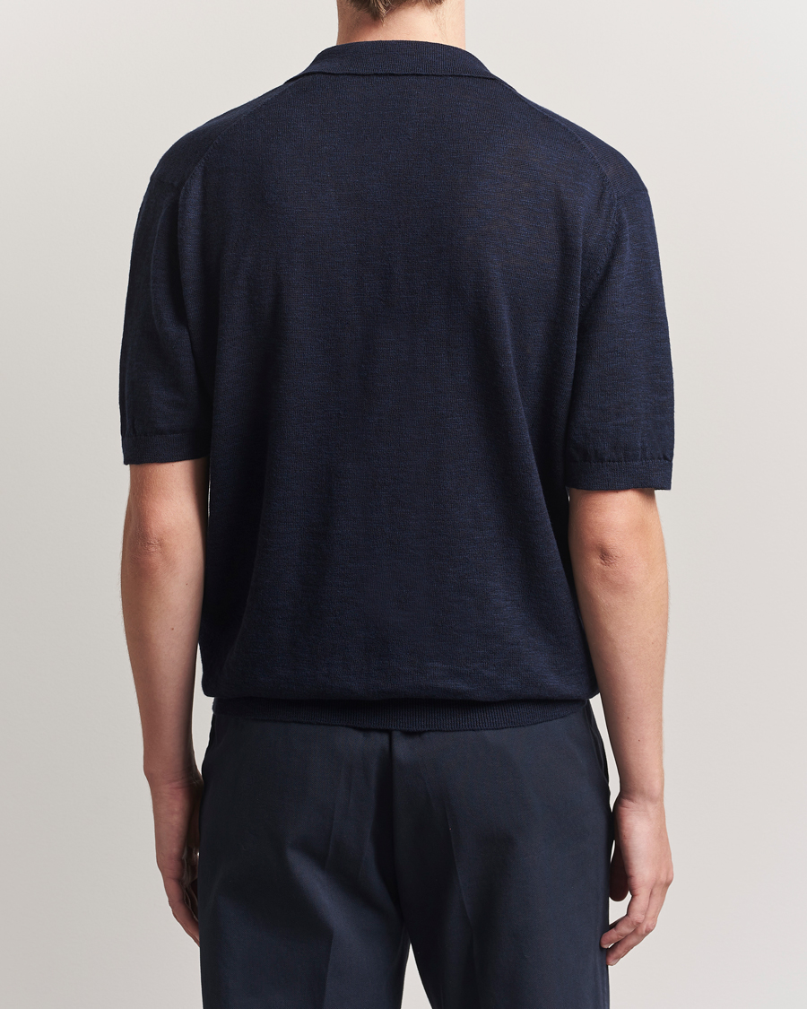 Men | Polo Shirts | GANT | Linen/Cotton Open Collar Polo Evening Blue