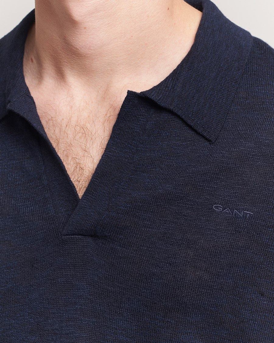 Men | Polo Shirts | GANT | Linen/Cotton Open Collar Polo Evening Blue