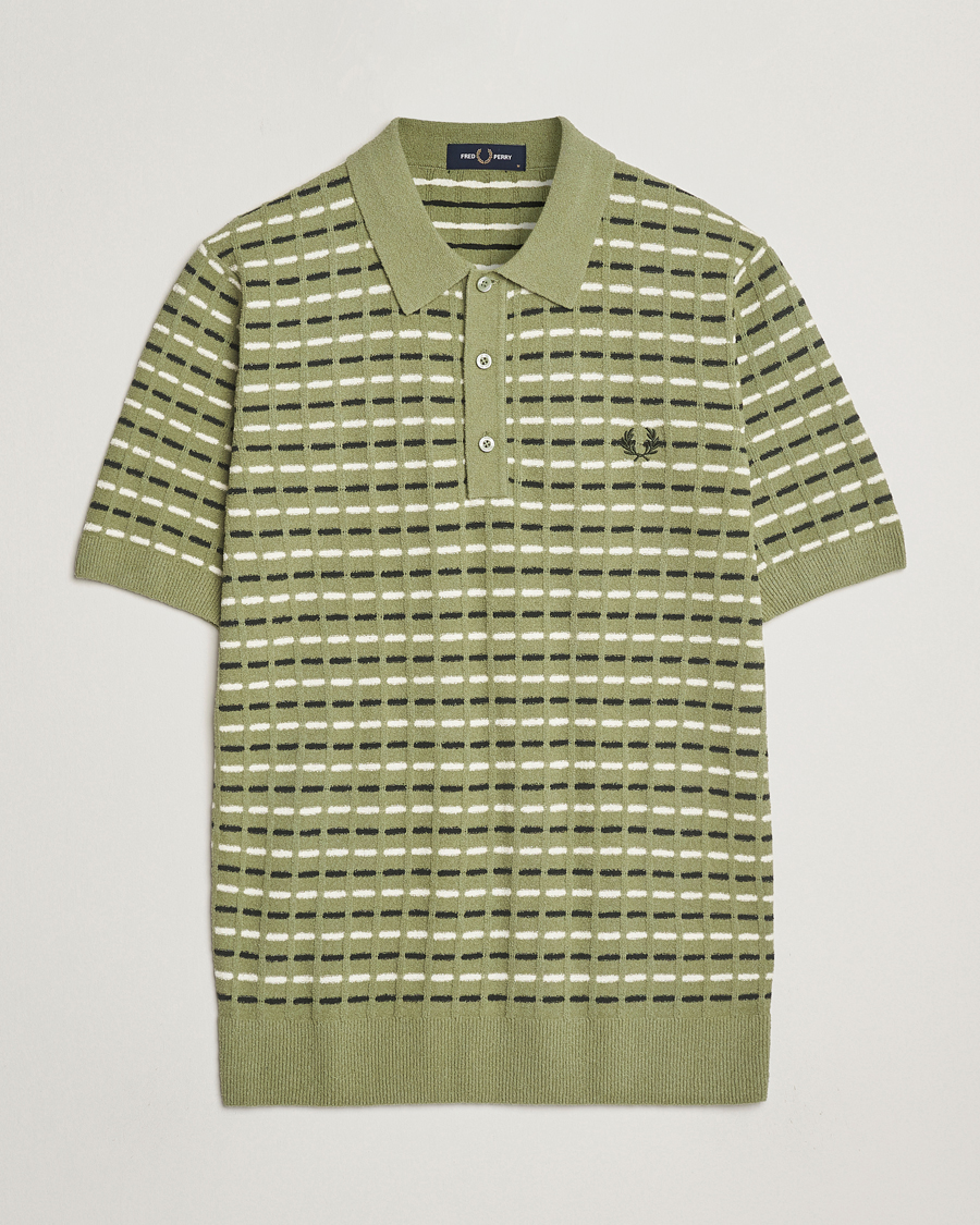 Men | Polo Shirts | Fred Perry | Bouclé Ribbed Knitted Polo Olive Mint