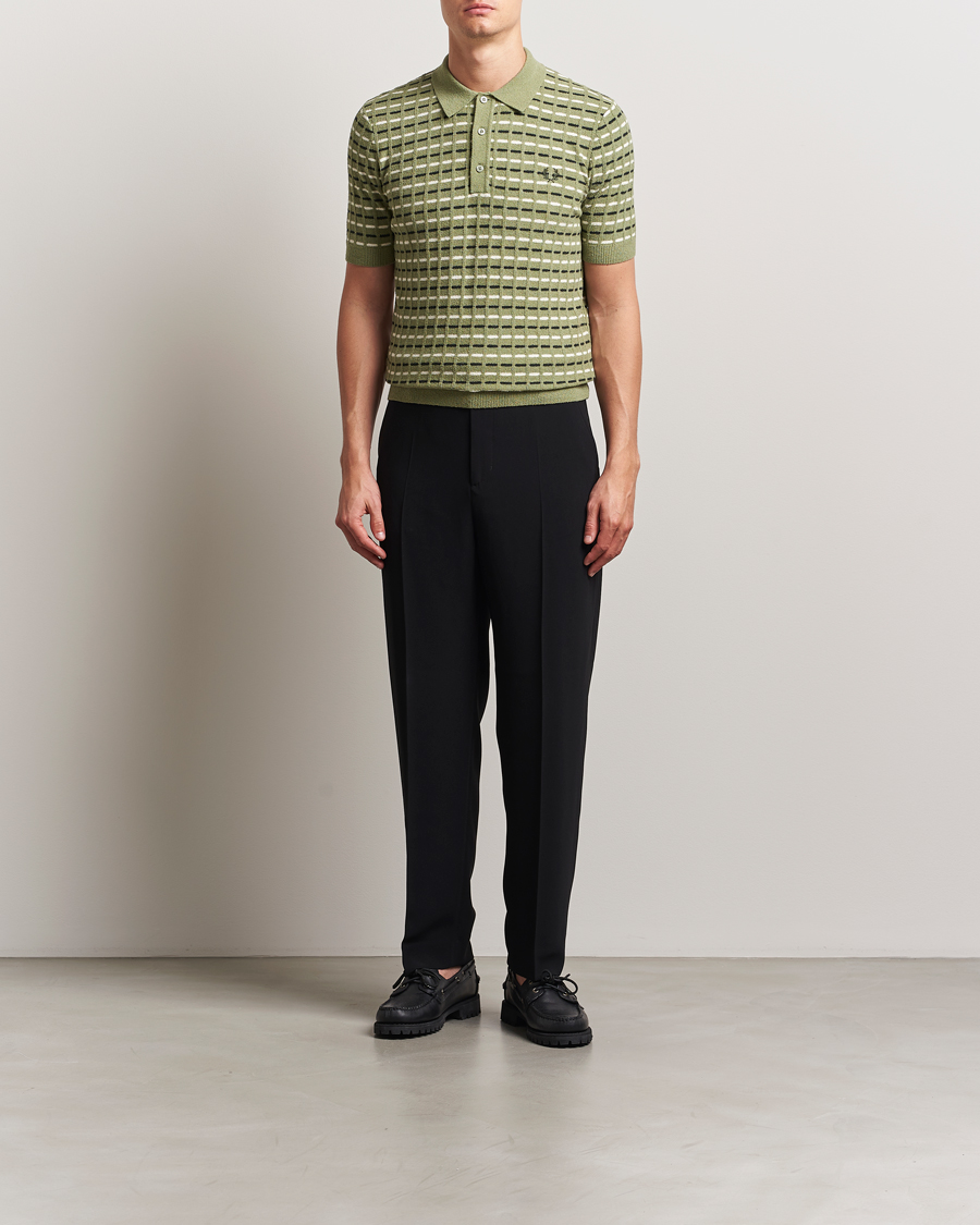 Men | Polo Shirts | Fred Perry | Bouclé Ribbed Knitted Polo Olive Mint
