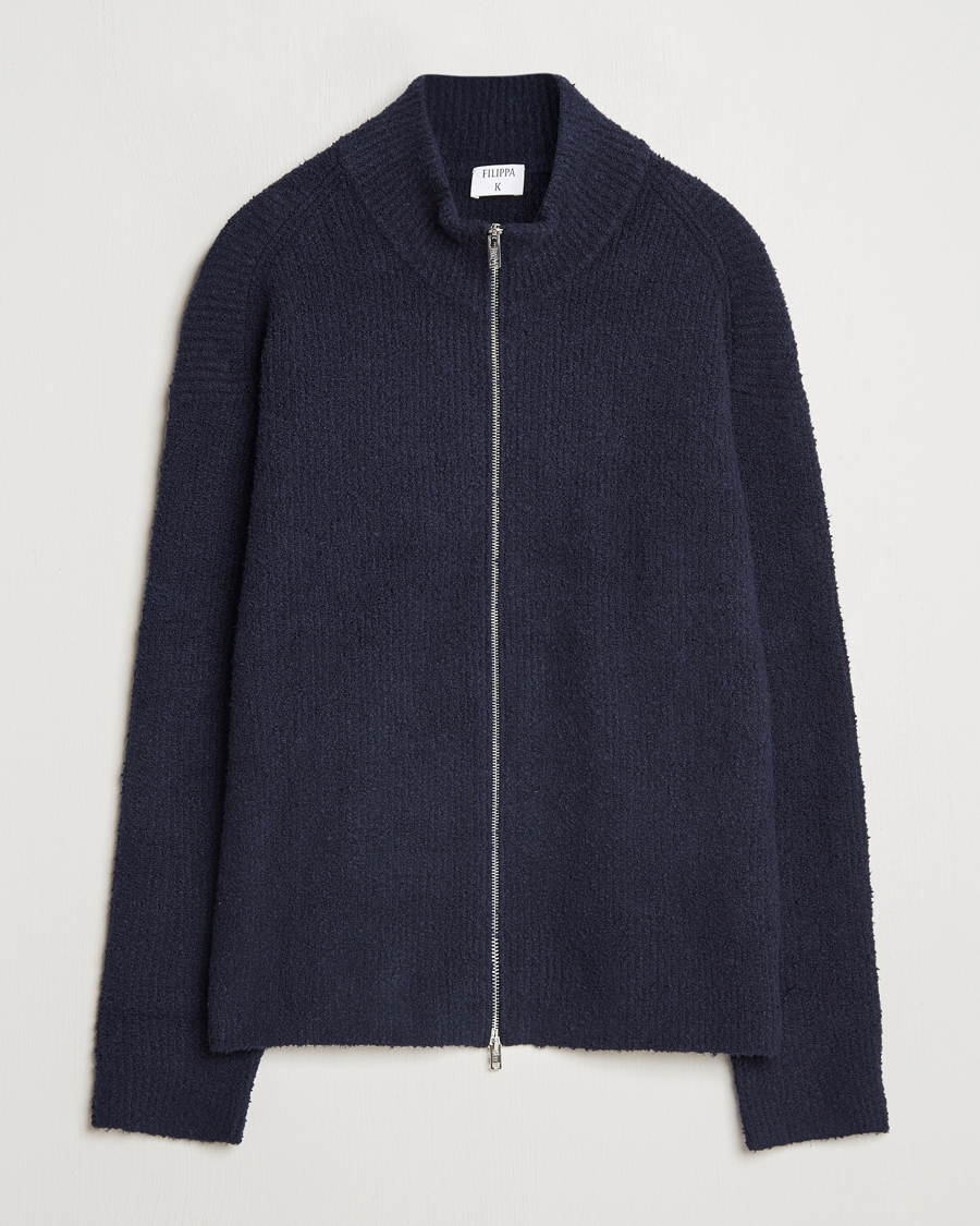 Men | Sweaters & Knitwear | Filippa K | Bouclé Knitted Full Zip Navy