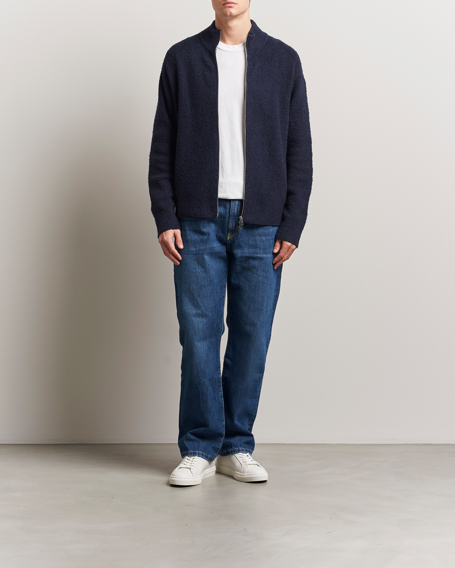 Men | Sweaters & Knitwear | Filippa K | Bouclé Knitted Full Zip Navy