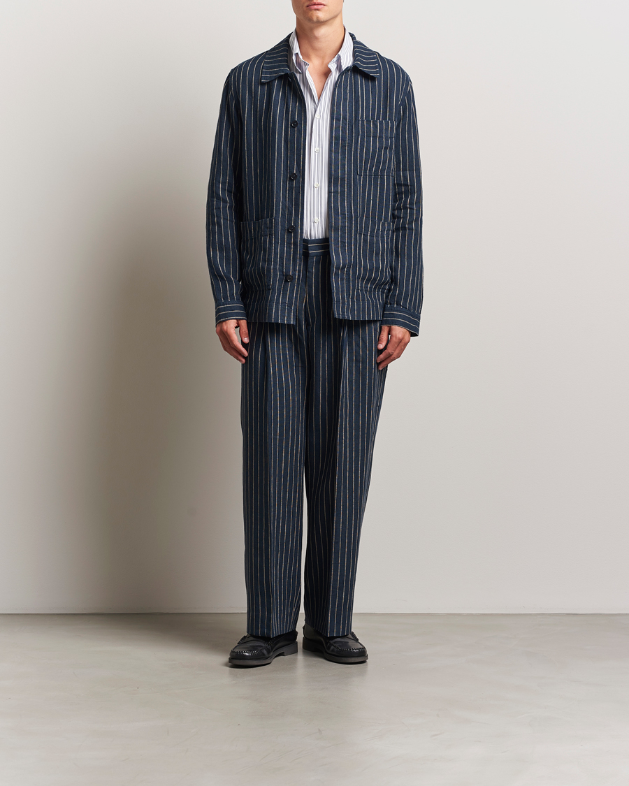 Men | Shirts | NN07 | Olav Linen Pinstriped Overshirt Navy Blue