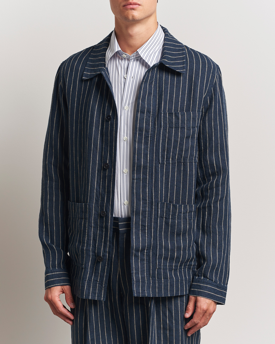 Men | Shirts | NN07 | Olav Linen Pinstriped Overshirt Navy Blue