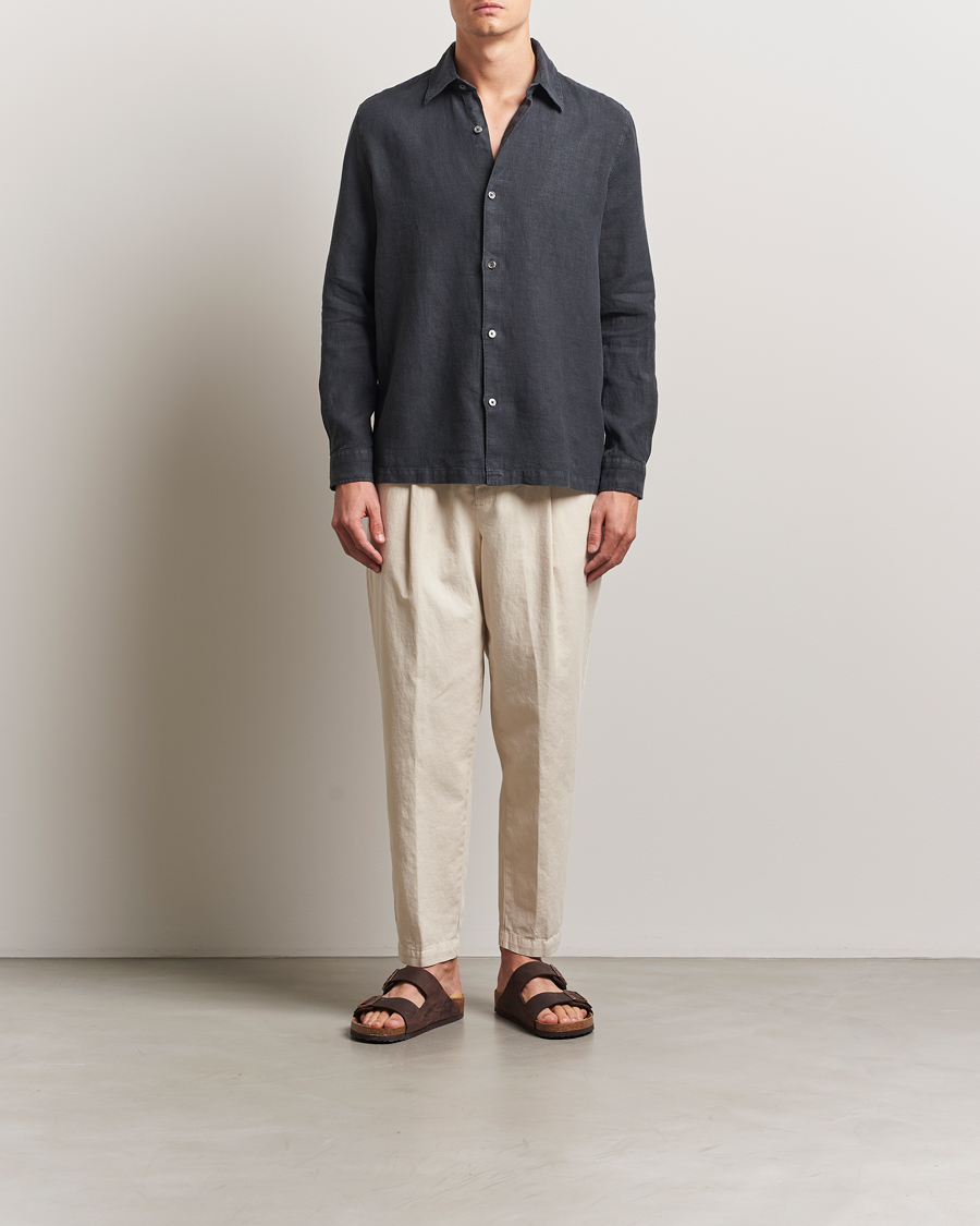 Men | Shirts | A Day's March | Clean Cut Linen Shirt Off Black