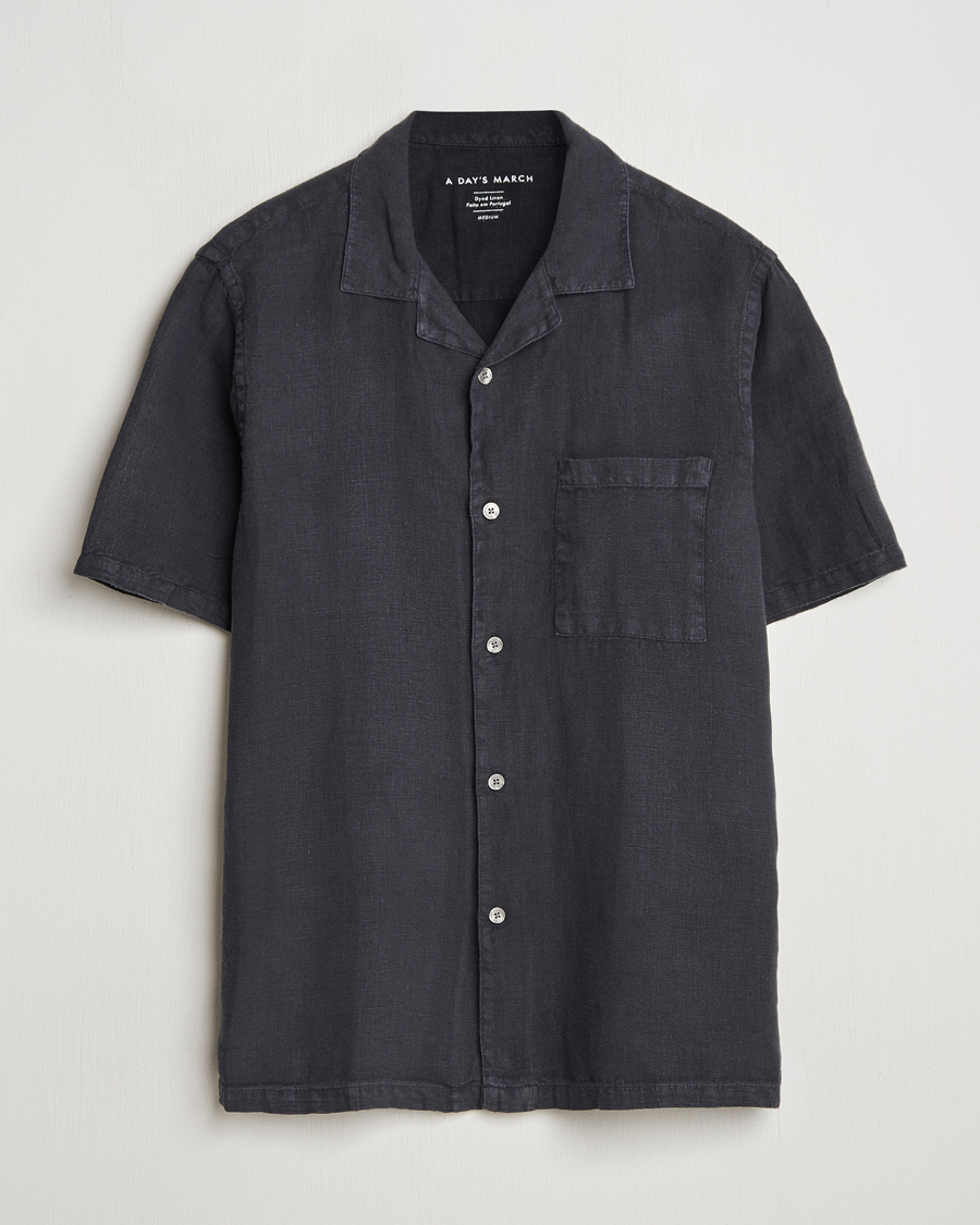 Men | Shirts | A Day's March | Yamu Linen Short Sleeve Shirt Off Black
