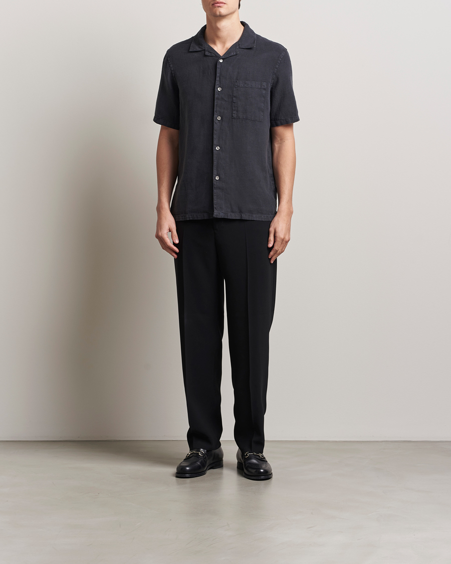 Men | Shirts | A Day's March | Yamu Linen Short Sleeve Shirt Off Black
