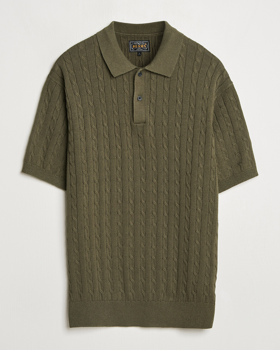 Men | Polo Shirts | BEAMS PLUS | Short Sleeve Cable Polo Olive
