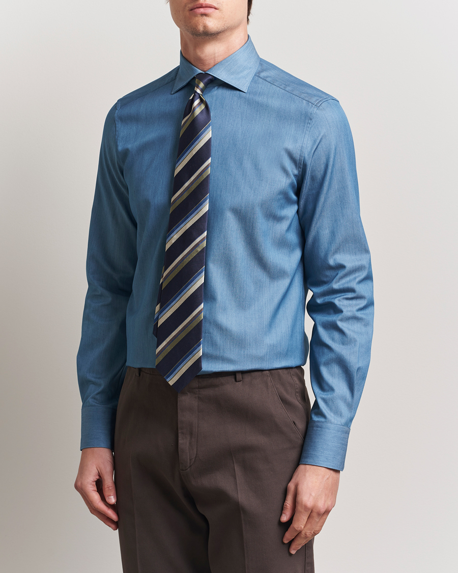 Men | Shirts | Stenströms | 1899 Slim Twofold Cotton Denim Shirt Mid Blue