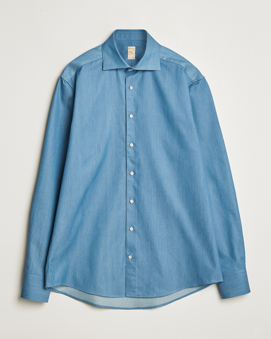 Men | Shirts | Stenströms | 1899 Twofold Cotton Denim Shirt Mid Blue
