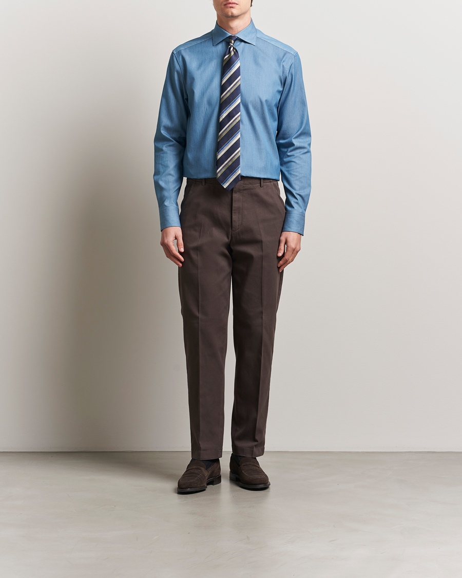 Men | Shirts | Stenströms | 1899 Twofold Cotton Denim Shirt Mid Blue