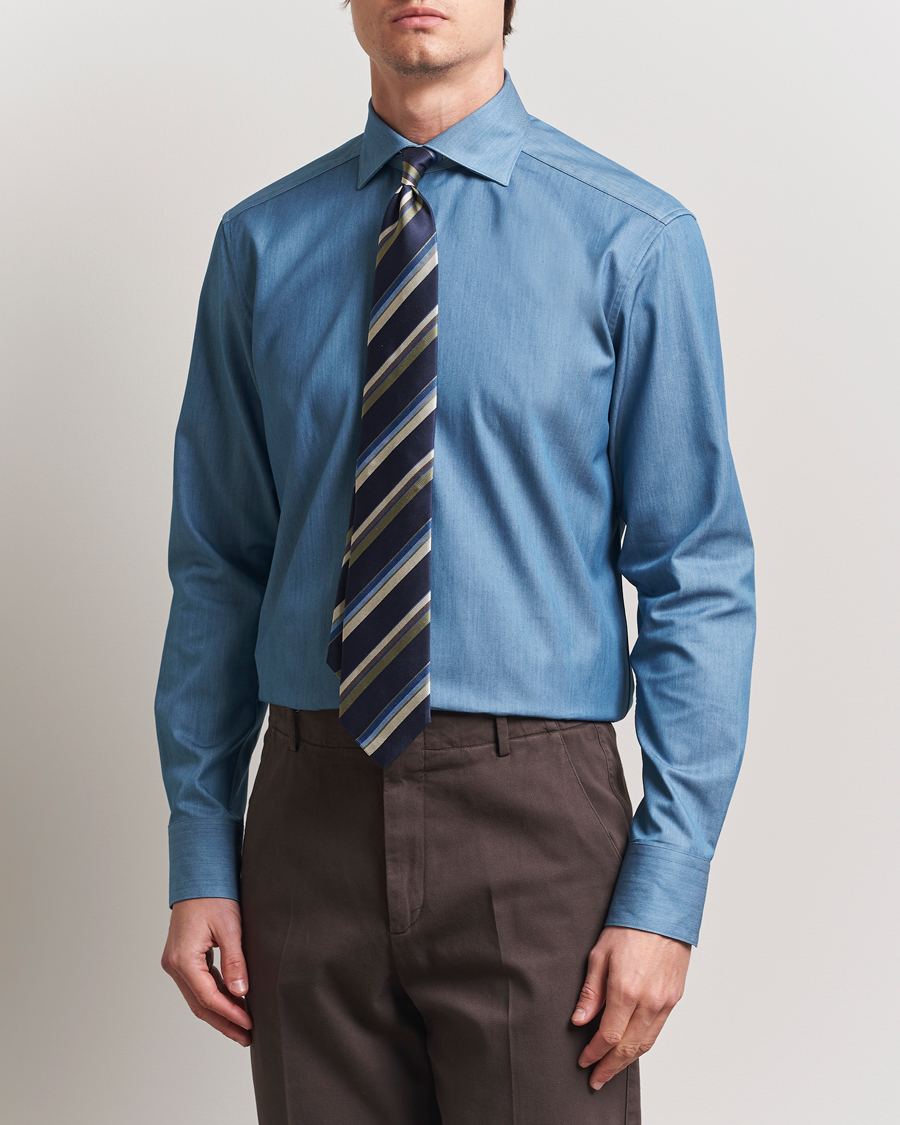 Men | Shirts | Stenströms | 1899 Twofold Cotton Denim Shirt Mid Blue