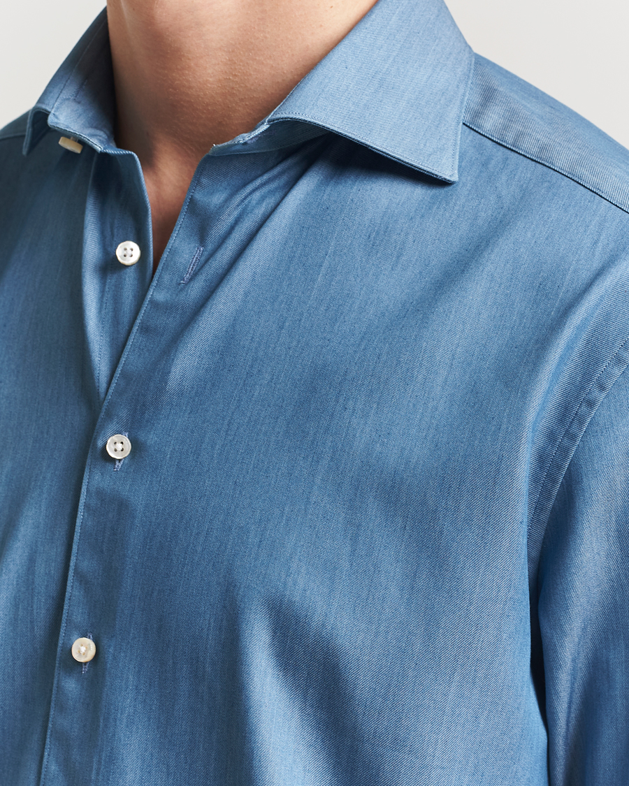 Men | Shirts | Stenströms | 1899 Twofold Cotton Denim Shirt Mid Blue