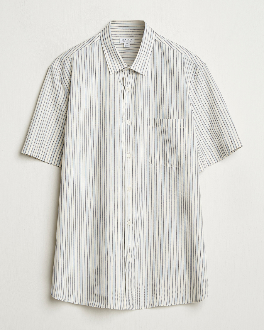 Men | Shirts | Sunspel | Vintage Stripe Shirt Ecru/Denim
