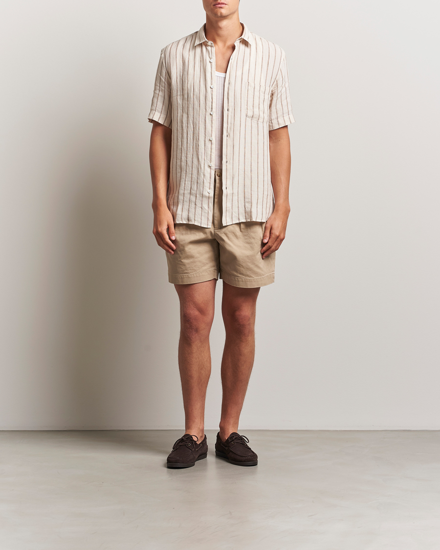 Men | Shirts | Sunspel | Linen Short Sleeve Shirt Ecru/Dune