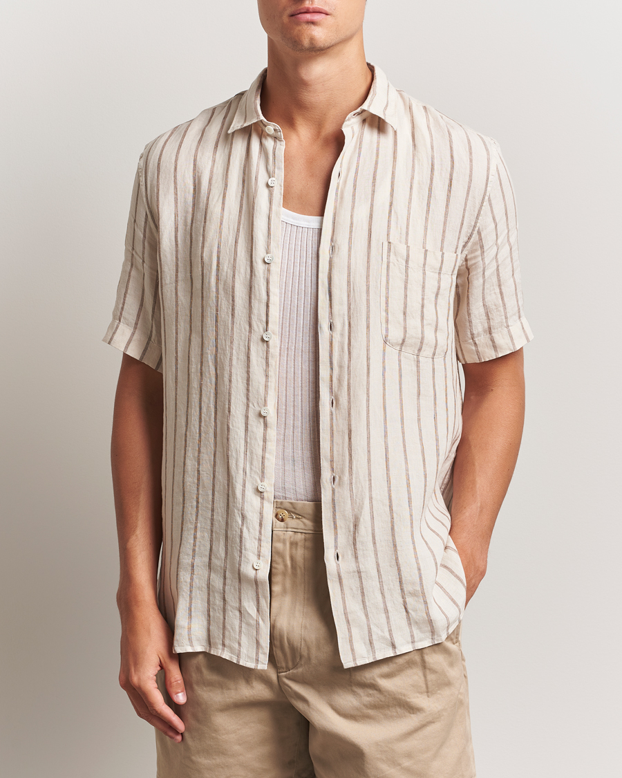 Men | Shirts | Sunspel | Linen Short Sleeve Shirt Ecru/Dune
