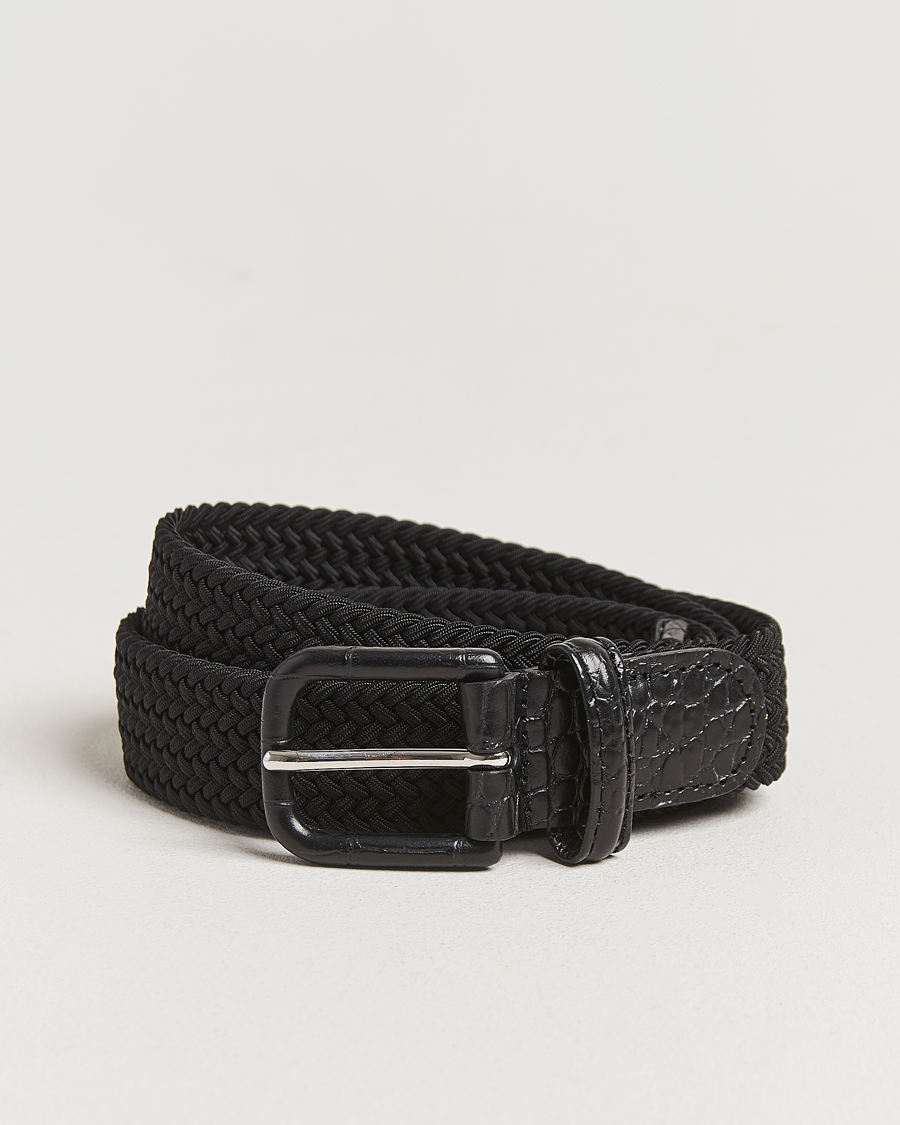 Men | Belts | Anderson's | Stretch Woven Leather Buckle 3 cm Belt Black