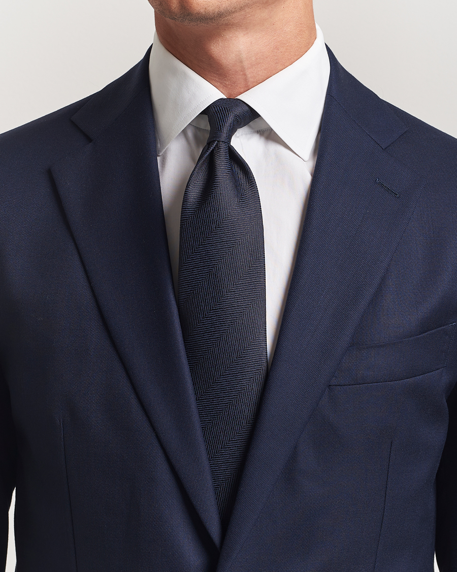 Men | Ties | Brioni | Herringbone Silk Tie Navy