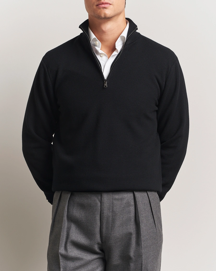 Men | Sweaters & Knitwear | Ralph Lauren Purple Label | Wool Pique Half Zip Polo Black