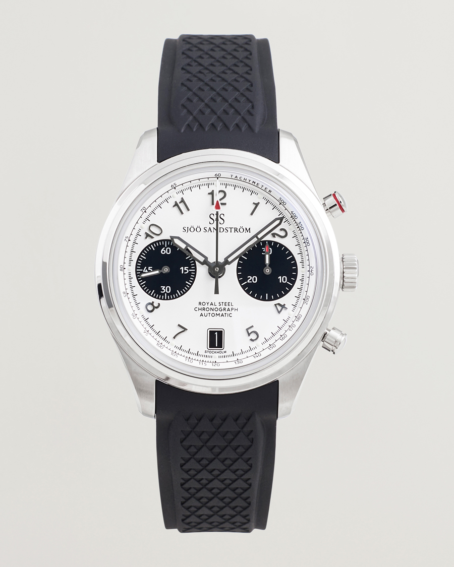 Men | Sjöö Sandström Royal Steel Chronograph 40mm Black Rubber White Dial | Sjöö Sandström | Royal Steel Chronograph 40mm Black Rubber White Dial