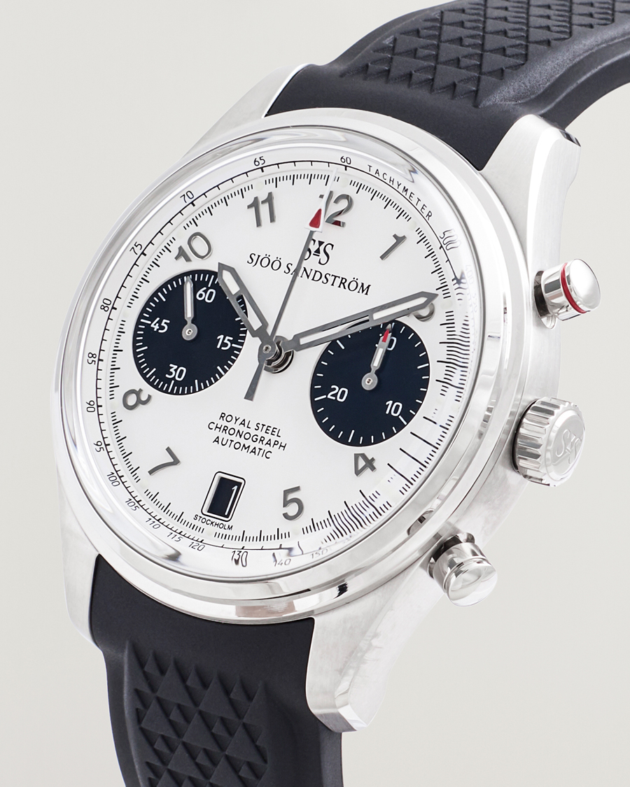 Men | Sjöö Sandström Royal Steel Chronograph 40mm Black Rubber White Dial | Sjöö Sandström | Royal Steel Chronograph 40mm Black Rubber White Dial