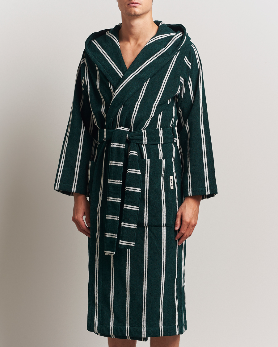 Men | Pyjamas & Robes | Tekla | Organic Terry Hooded Bathrobe Forest Green Stripes