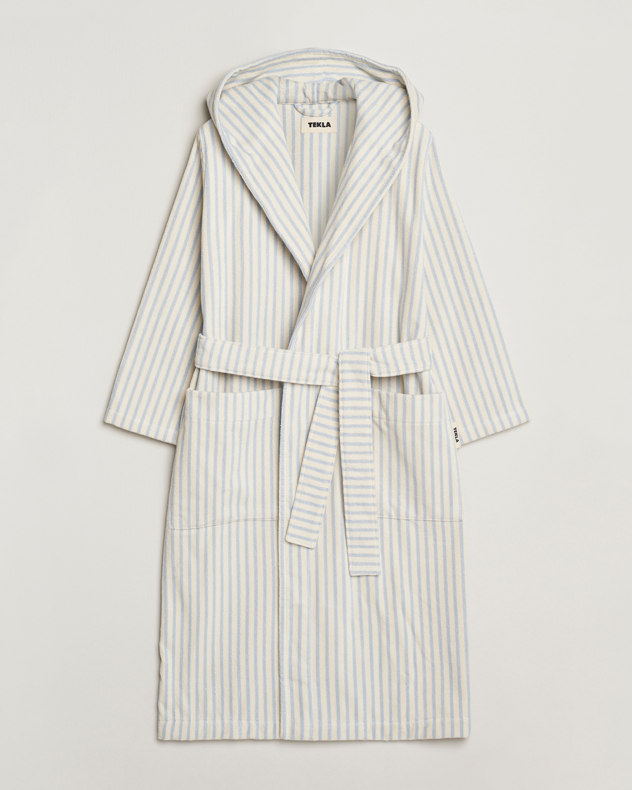 Men | Pyjamas & Robes | Tekla | Organic Terry Hooded Bathrobe Soft Blue Stripes