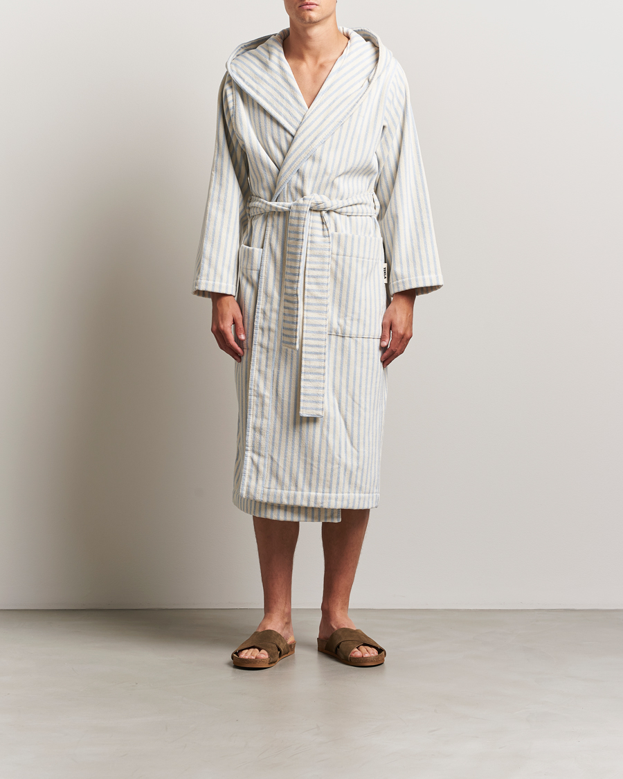 Men | Pyjamas & Robes | Tekla | Organic Terry Hooded Bathrobe Soft Blue Stripes
