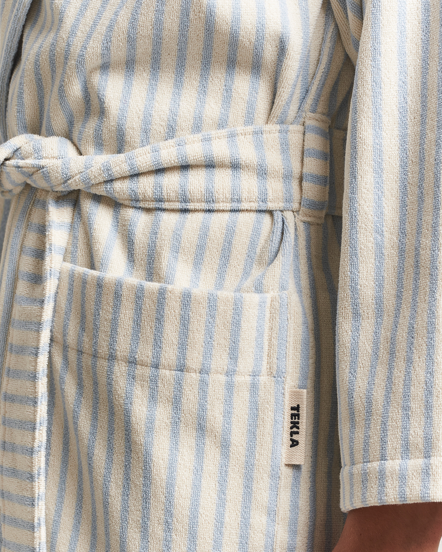 Men | Pyjamas & Robes | Tekla | Organic Terry Hooded Bathrobe Soft Blue Stripes