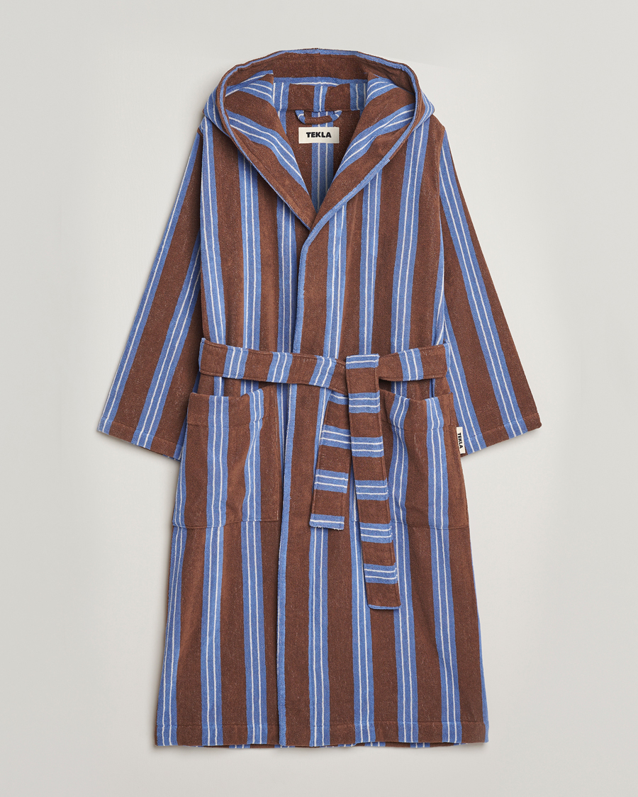 Men | Pyjamas & Robes | Tekla | Organic Terry Hooded Bathrobe Chestnut Stripes
