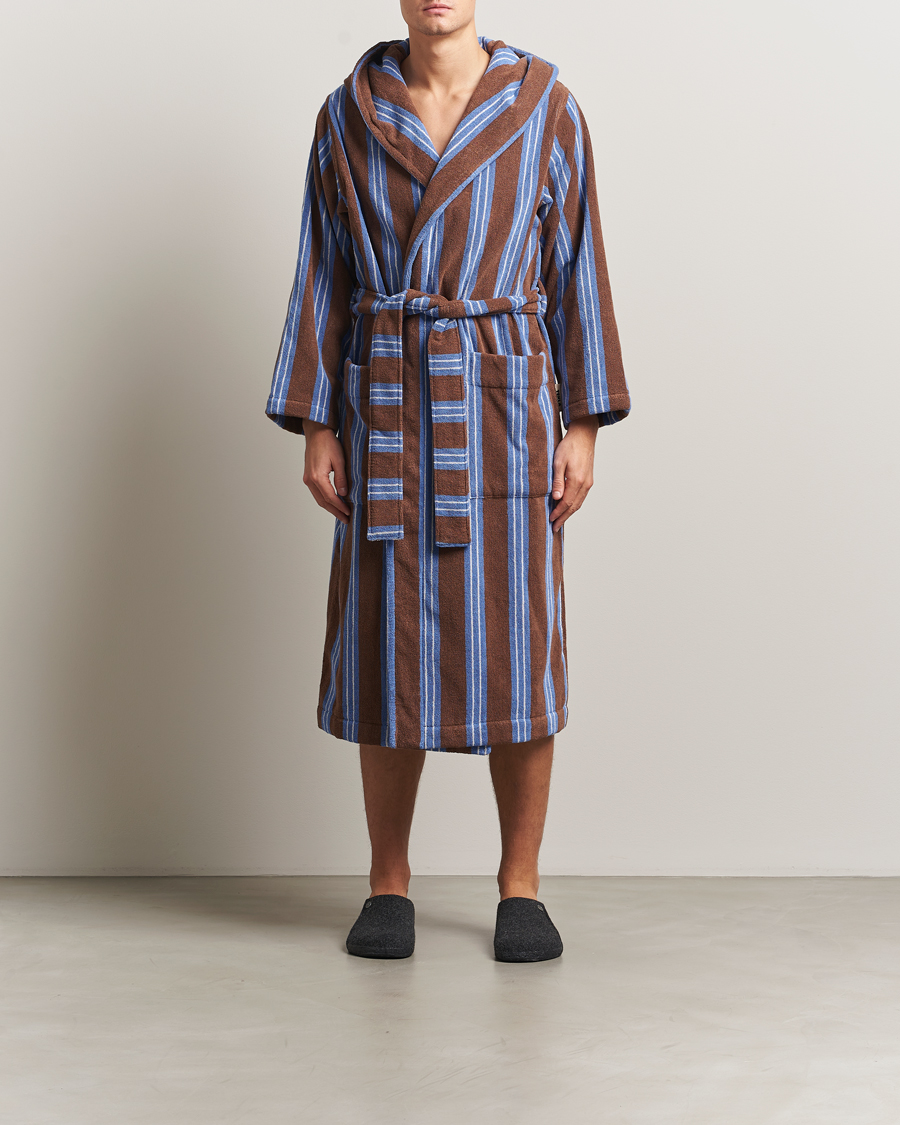 Men | Pyjamas & Robes | Tekla | Organic Terry Hooded Bathrobe Chestnut Stripes
