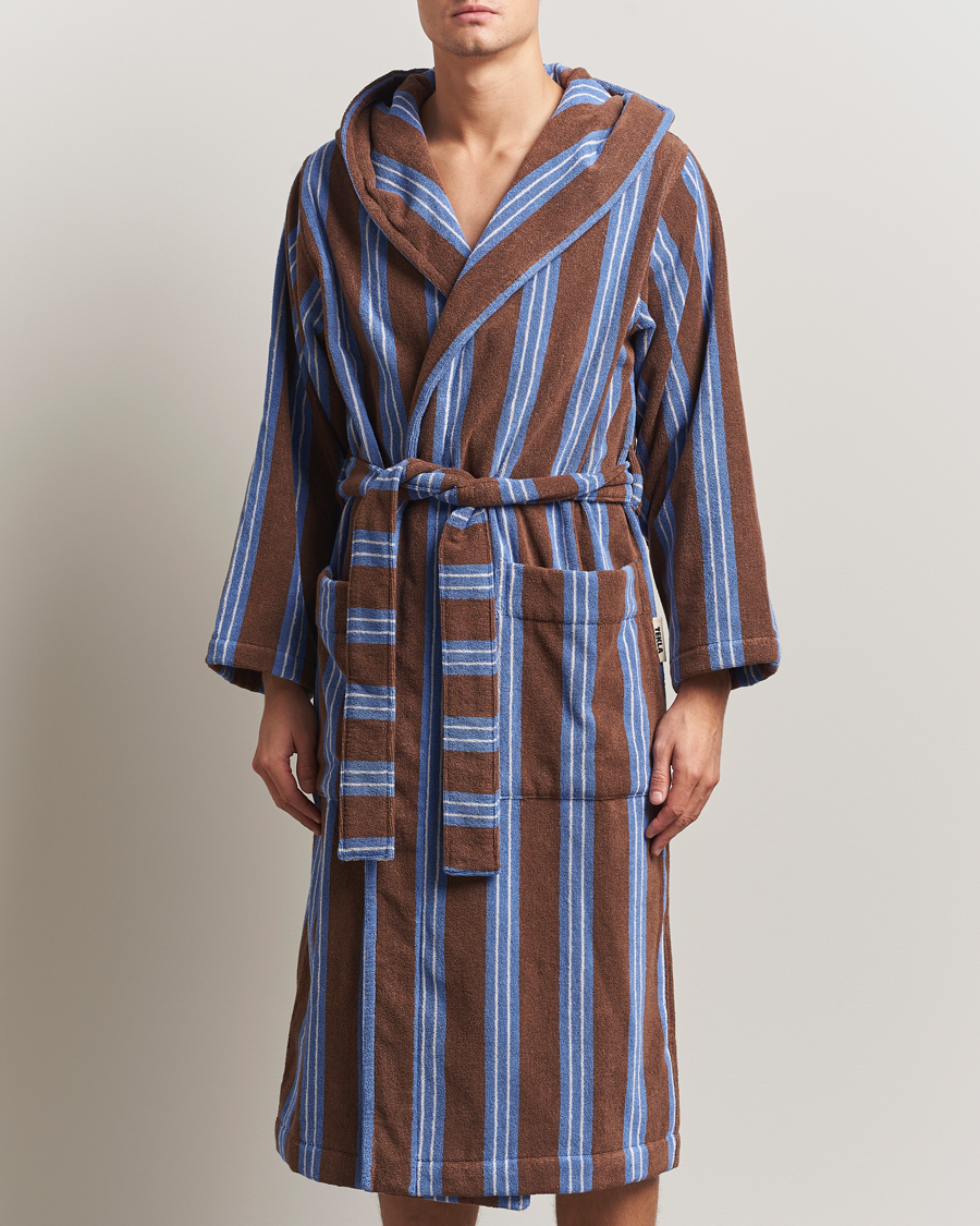 Men | Pyjamas & Robes | Tekla | Organic Terry Hooded Bathrobe Chestnut Stripes