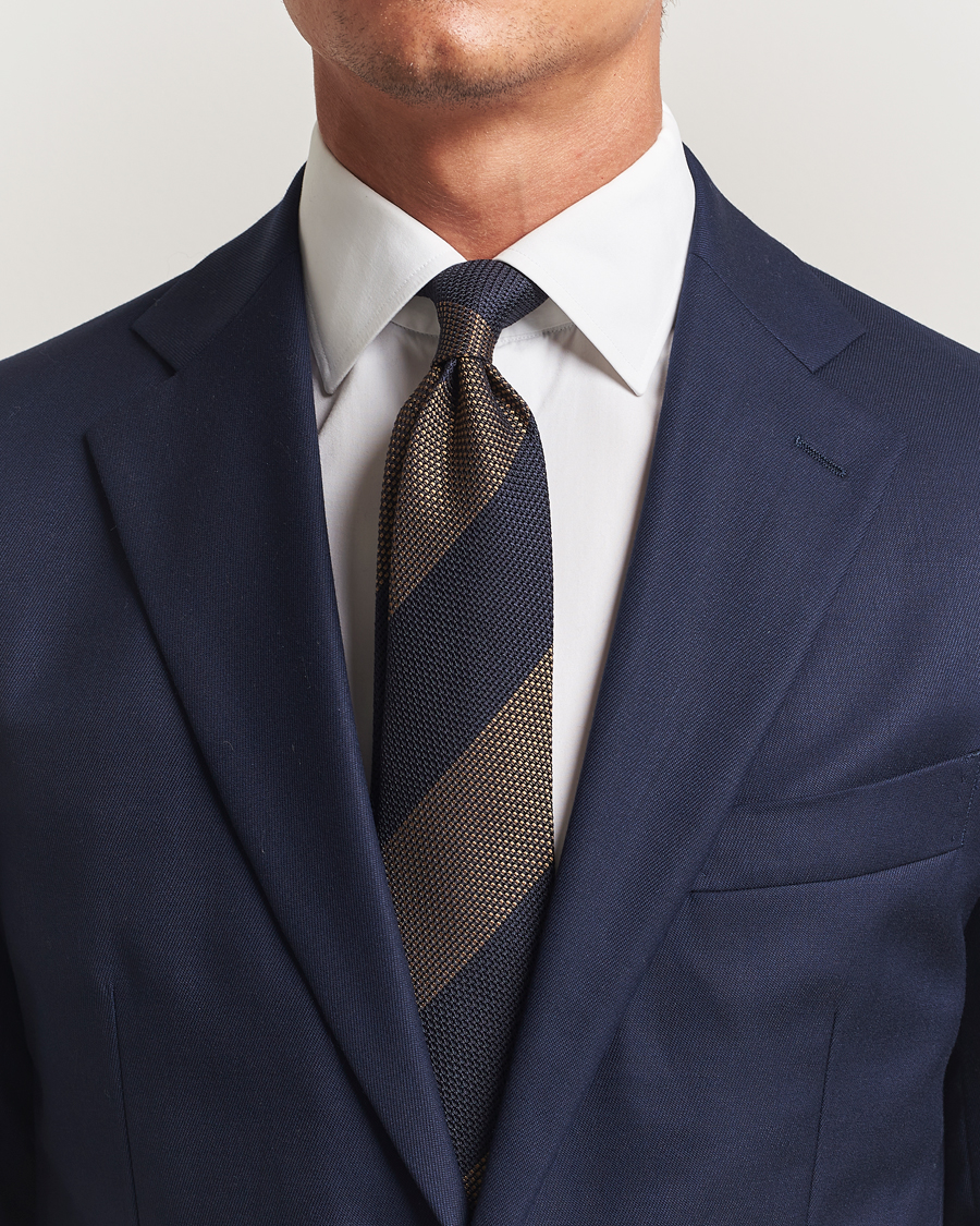 Men | Ties | Amanda Christensen | Silk Grenadine Blockstriped 8cm Tie Navy/Beige