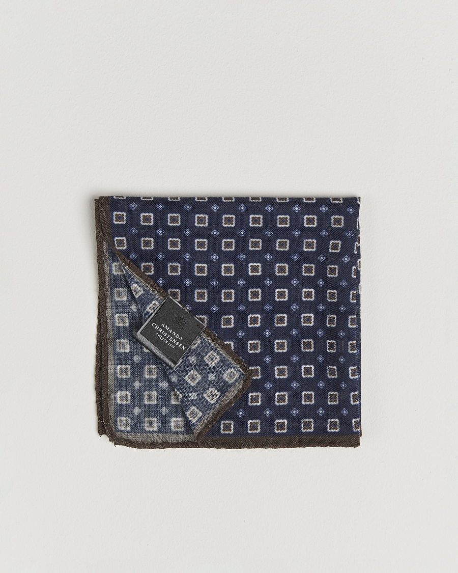 Men | Pocket Squares | Amanda Christensen | Wool Printed Flower Pocket Square Navy
