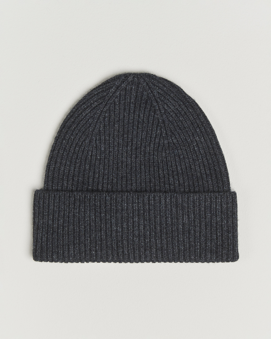Men | Beanies | Amanda Christensen | Rib Knitted Merino Wool Cap Anthracite Melange