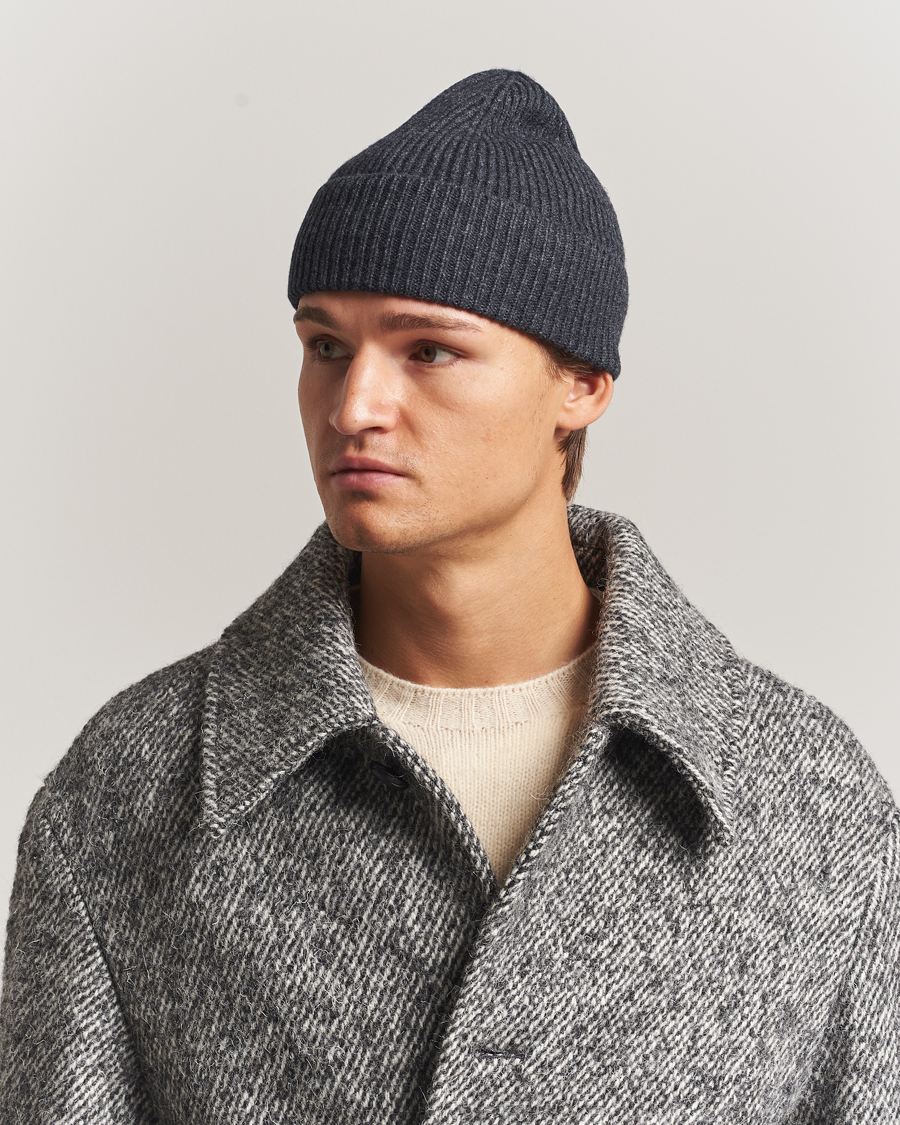 Men | Beanies | Amanda Christensen | Rib Knitted Merino Wool Cap Anthracite Melange