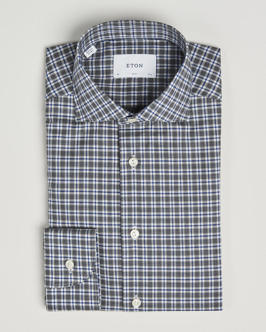 Men | Shirts | Eton | Slim Fit Checked Wrinkle Free Flannel Shirt Dark Grey