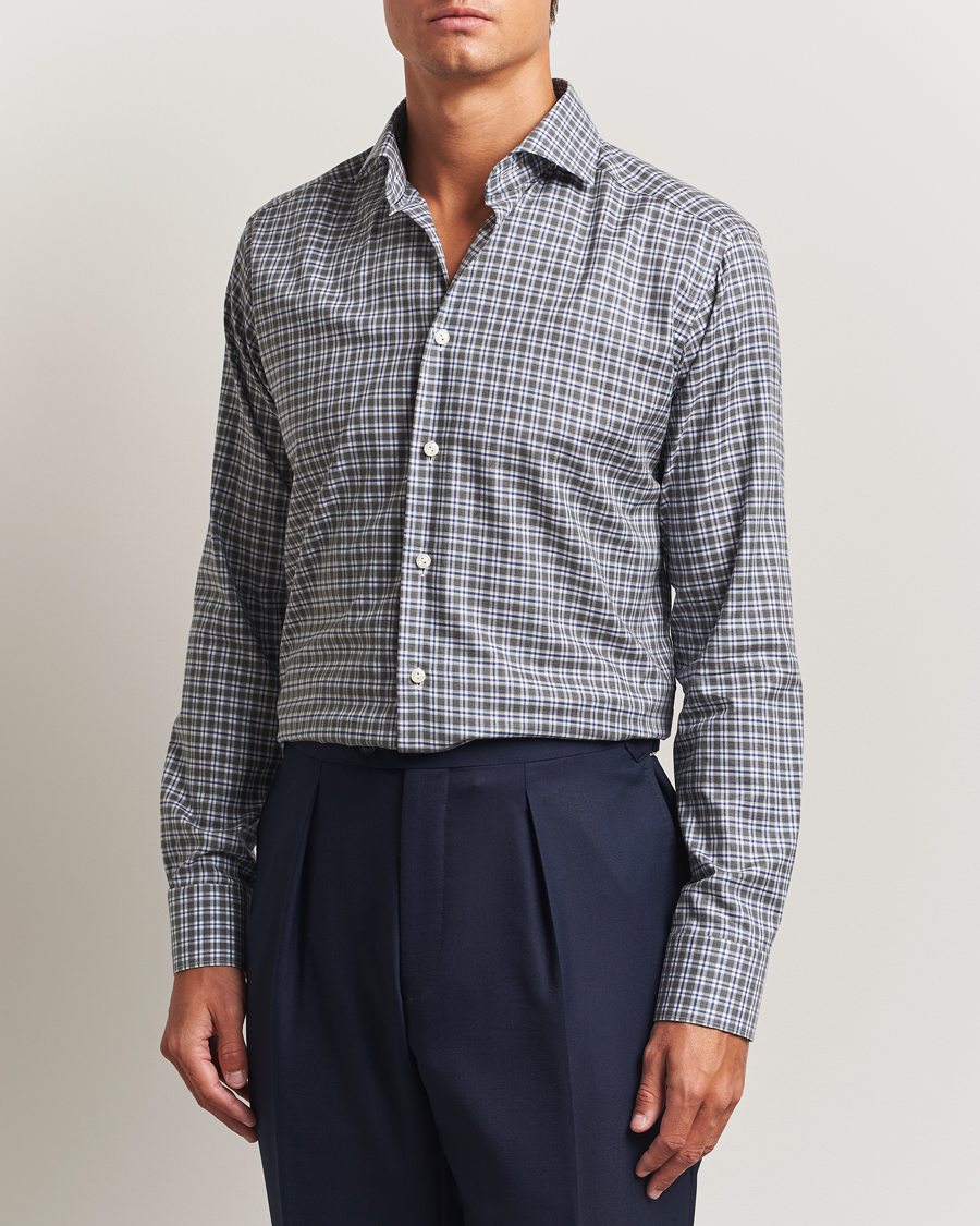 Men | Shirts | Eton | Slim Fit Checked Wrinkle Free Flannel Shirt Dark Grey