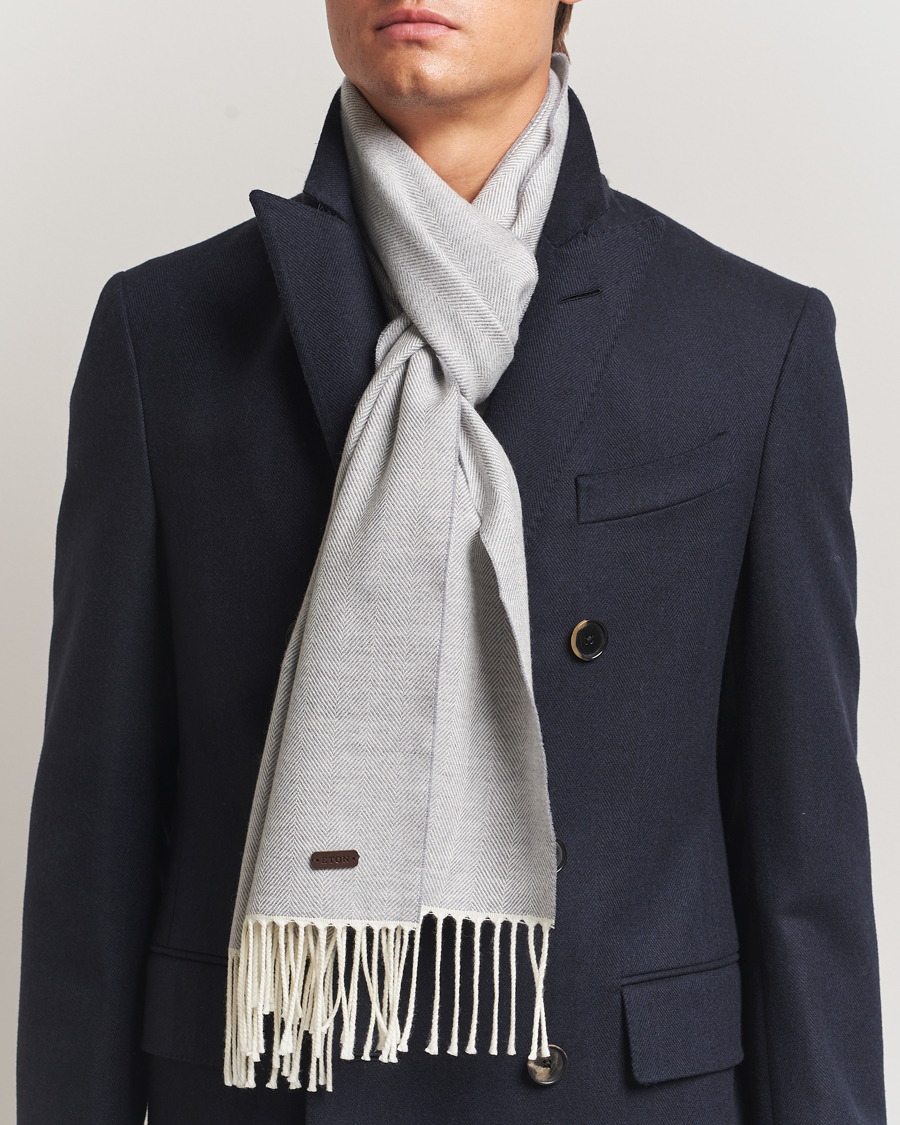 Men | Scarves | Eton | Merino Wool Herringbone Scarf Light Grey