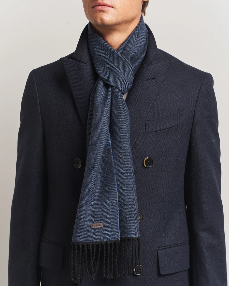 Men | Scarves | Eton | Merino Wool Herringbone Scarf Dark Blue